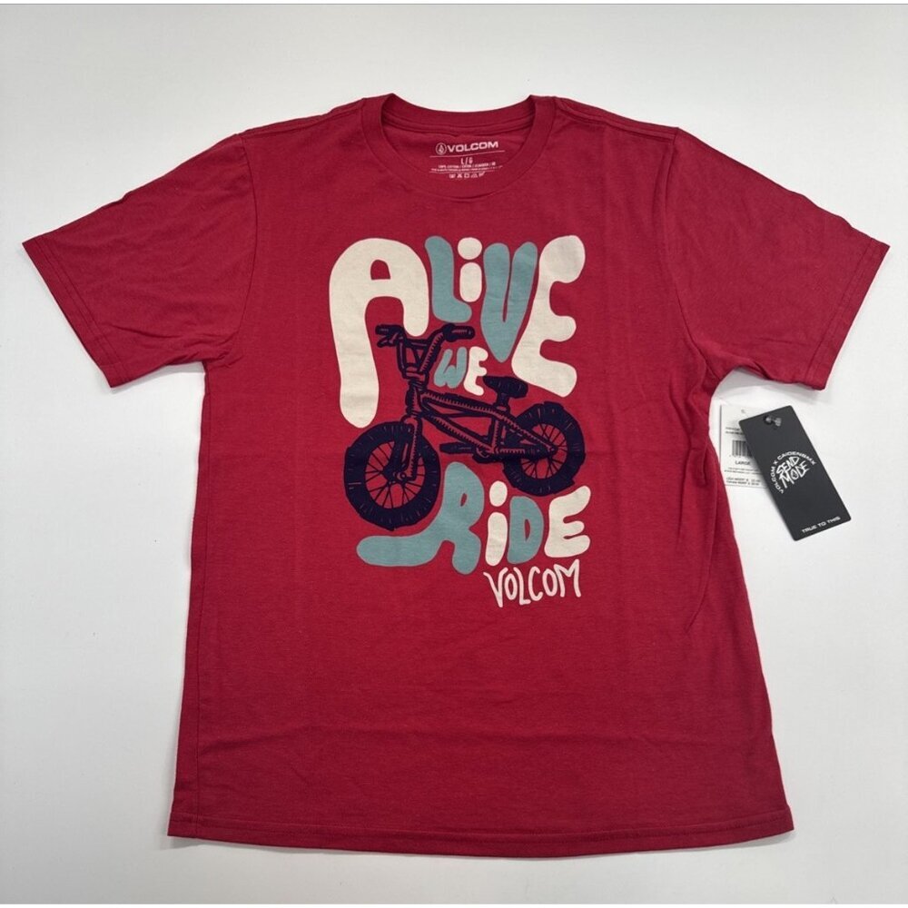 Volcom BMX T Shirt Youth Boys Large Red Ride Bicycle Logo Casual Graphic  NEW